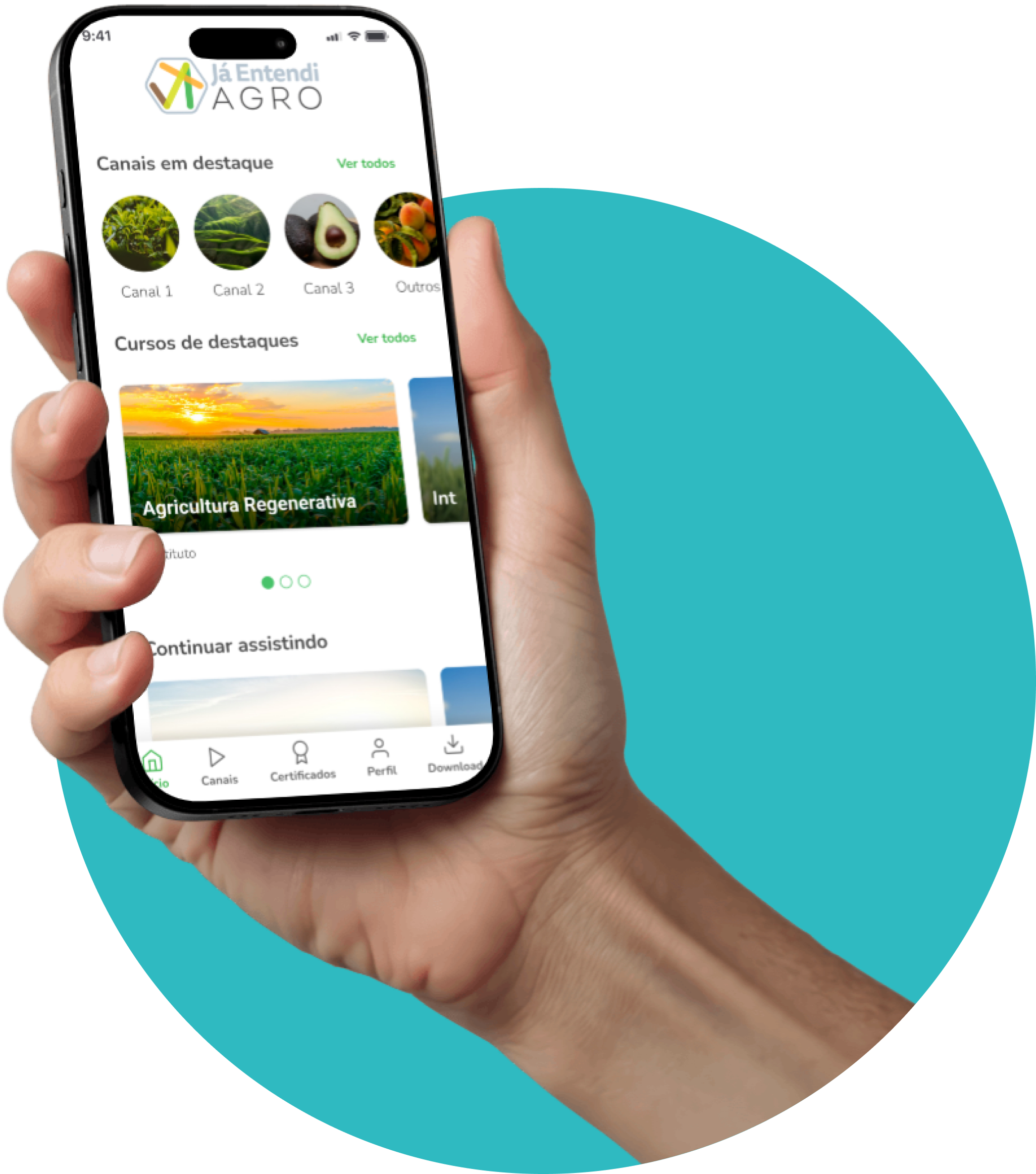 Mão segurando smartphone exibindo o aplicativo Já Entendi Agro